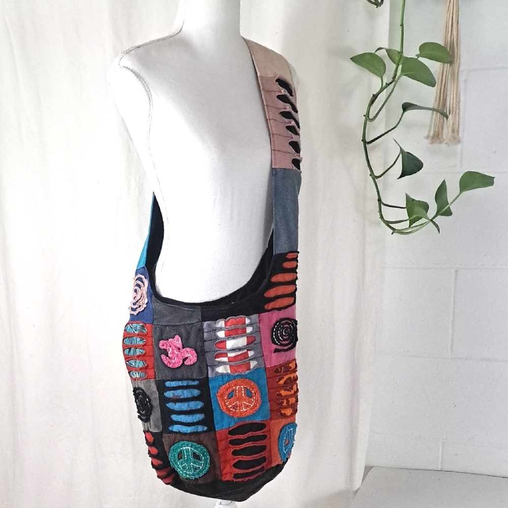 Peace Sign Boho Colorful Patchwork Slouchy Large Cotton Crossbody Bag